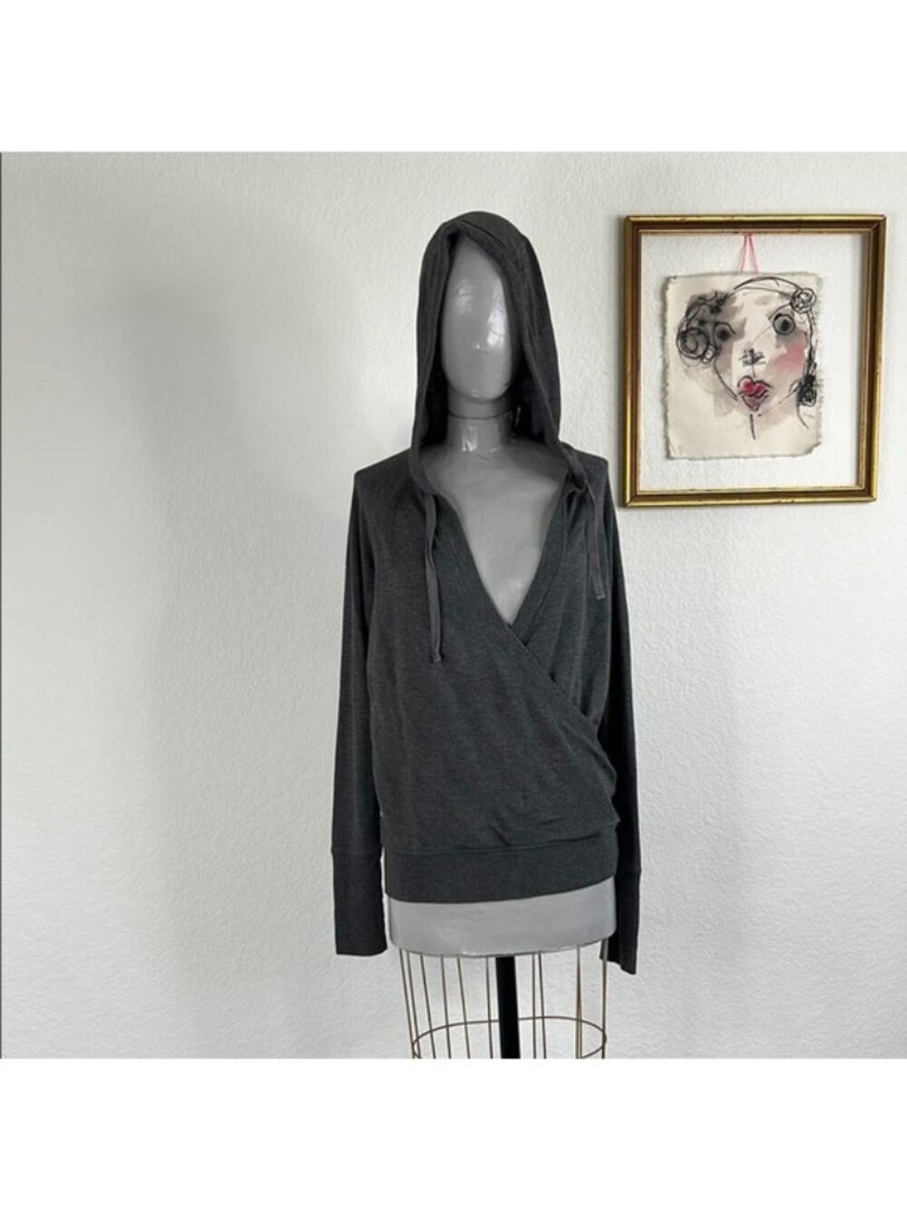 Yogalicious Nubby Faux Wrap Hooded Heather Gray Knit Sweater